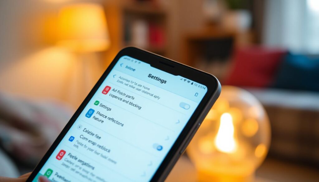 A close-up view of a smartphone screen displaying a user-friendly interface for blocking pop-up ads, set against a softly blurred background of a cozy home environment. In the foreground, the smartphone shows a vivid, detailed settings menu with colorful icons indicating ad-blocking features. The light should be warm and inviting, creating a sense of ease and comfort. The angle is slightly tilted to give a dynamic perspective, showcasing the essential functions of the app visibly. The atmosphere is calm and focused, emphasizing productivity and user empowerment in managing digital distractions effectively.