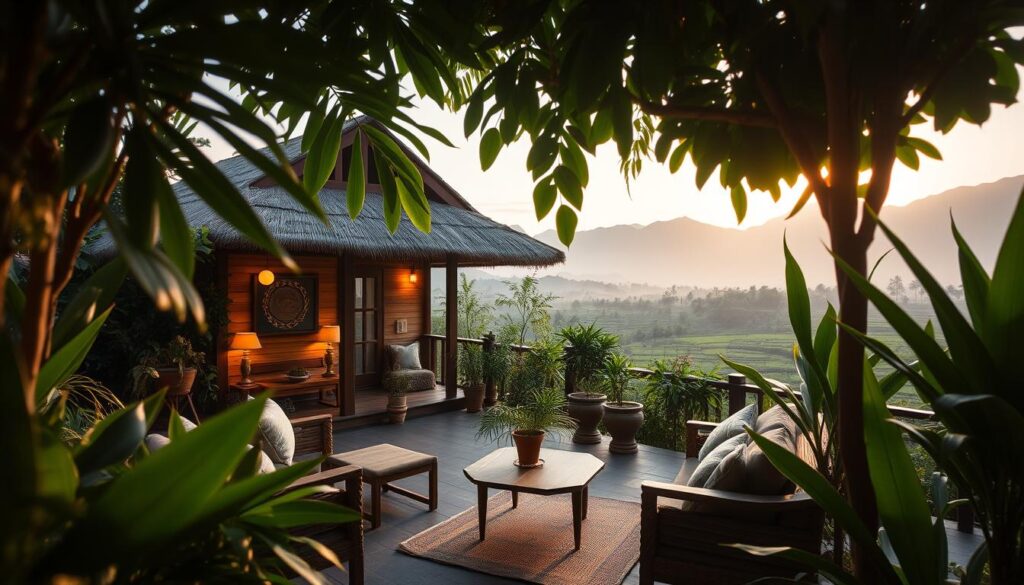 A cozy and inviting alternative Airbnb accommodation in Bali, surrounded by lush tropical greenery. In the foreground, a beautifully decorated outdoor area with comfortable seating, potted plants, and soft ambient lighting. The middle ground features a charming wooden bungalow with thatched roof, emphasizing a blend of traditional Balinese architecture and modern design. In the background, glimpses of rice terraces and distant mountains shrouded in mist create a serene atmosphere. The image captures the golden hour with warm, soft sunlight filtering through the leaves, creating dappled shadows. This tranquil setting reflects the growing trend of unique, personal stays that diverge from traditional hotel experiences, inviting the viewer to explore the alternative hospitality offerings available. A cozy and inviting alternative Airbnb accommodation in Bali, surrounded by lush tropical greenery. In the foreground, a beautifully decorated outdoor area with comfortable seating, potted plants, and soft ambient lighting. The middle ground features a charming wooden bungalow with thatched roof, emphasizing a blend of traditional Balinese architecture and modern design. In the background, glimpses of rice terraces and distant mountains shrouded in mist create a serene atmosphere. The image captures the golden hour with warm, soft sunlight filtering through the leaves, creating dappled shadows. This tranquil setting reflects the growing trend of unique, personal stays that diverge from traditional hotel experiences, inviting the viewer to explore the alternative hospitality offerings available.