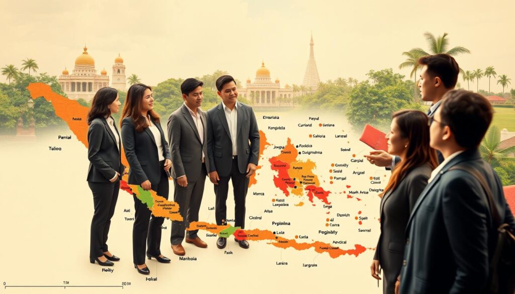 A dynamic political map of Indonesia during the "Guided Democracy" era, showcasing key regions and their political influences. In the foreground, a diverse group of professional figures in business attire – men and women – engage in discussion, symbolizing collaboration and unity in governance. The middle ground features a vintage style electoral map with bold colors highlighting political strongholds and demographic patterns. In the background, iconic Indonesian landmarks such as the Monas monument and lush tropical landscapes represent the nation's identity. Use soft, warm lighting to evoke a sense of optimism and collaboration, viewed from a slightly elevated angle to provide a comprehensive overview. The atmosphere should be inspiring and reflective of hope for a democratic future. A dynamic political map of Indonesia during the "Guided Democracy" era, showcasing key regions and their political influences. In the foreground, a diverse group of professional figures in business attire – men and women – engage in discussion, symbolizing collaboration and unity in governance. The middle ground features a vintage style electoral map with bold colors highlighting political strongholds and demographic patterns. In the background, iconic Indonesian landmarks such as the Monas monument and lush tropical landscapes represent the nation's identity. Use soft, warm lighting to evoke a sense of optimism and collaboration, viewed from a slightly elevated angle to provide a comprehensive overview. The atmosphere should be inspiring and reflective of hope for a democratic future.