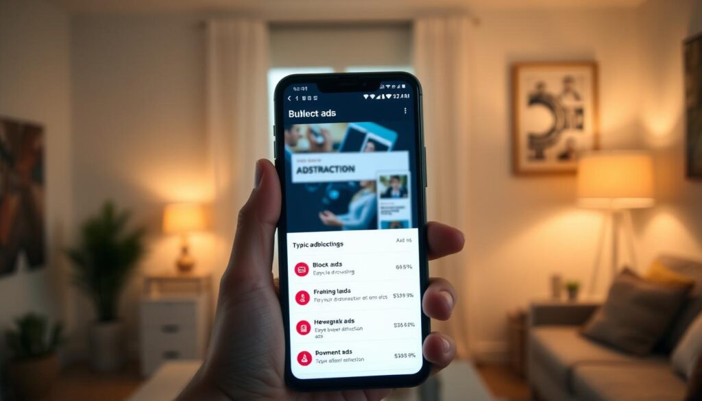 A modern Android smartphone screen displaying an intuitive ad-blocking application interface. The foreground features the phone in a hand, showing a vibrant, user-friendly layout with options to block ads, statistics, and an easy-to-navigate design, illuminated by a soft glow to highlight its features. In the middle, there is a blurred view of a typical browsing session with distracting ads, subtly indicating the application’s purpose. The background shows a cozy home environment, with warm lighting and minimalistic decor that evokes a sense of comfort and focus. The mood is reassuring and professional, illustrating the solution to an everyday problem. The perspective is slightly tilted, capturing the smartphone in detail, inviting the viewer to engage with the concept of digital tranquility.
