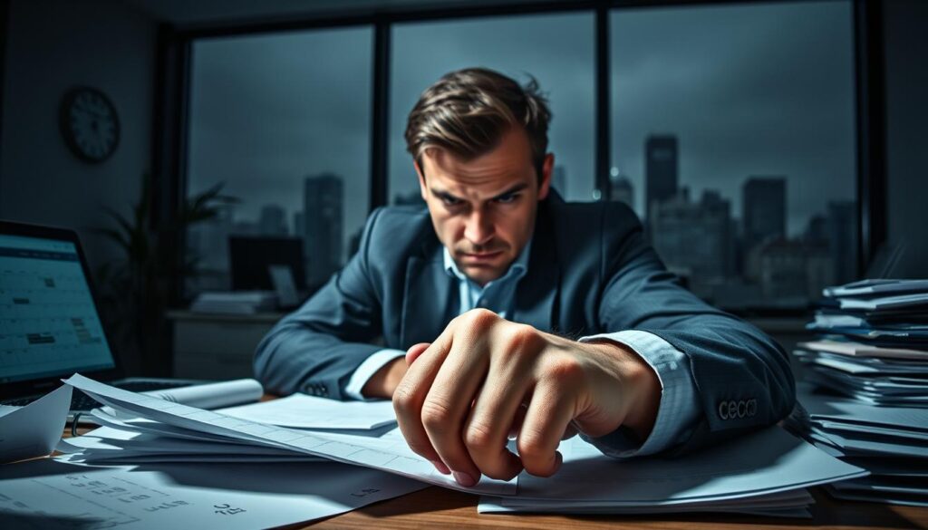 A person sitting at a cluttered desk in a modern office environment, looking overwhelmed and stressed, with a furrowed brow and tense posture. They are in business attire, surrounded by scattered papers and a laptop showing a busy calendar. In the foreground, a close-up of their hands gripping the edge of the desk reflects physical strain. In the middle, the office space is dimly lit, casting shadows that enhance the feeling of pressure, while a clock on the wall indicates the late hour. The background features a large window revealing a gloomy cityscape, symbolizing mental burden. The overall mood is tense and serious, capturing the symptoms of excessive stress with high contrast lighting and a slightly blurred effect to evoke a sense of chaos.