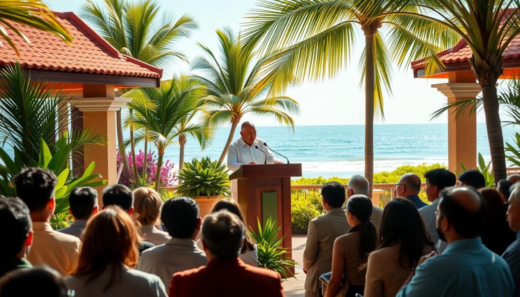 A professional Indonesian governor stands confidently at a podium, delivering a speech in a vibrant, open-air conference setting in Bali. Surrounding him are lush tropical plants and softly colored Balinese architecture, creating an inviting ambiance. In the foreground, a diverse audience of attentive listeners, dressed in modest business attire, leans forward, absorbing the message. Bright sunlight filters through swaying palm trees, casting soft shadows that enhance the serene atmosphere. In the background, a serene view of Bali's coastline adds depth, with gentle waves lapping at the shore, symbolizing the calm amidst uncertainty. The overall mood conveys a sense of vigilance and awareness against misinformation, inviting viewers to reflect on the importance of distinguishing fact from fiction in today's media landscape. A professional Indonesian governor stands confidently at a podium, delivering a speech in a vibrant, open-air conference setting in Bali. Surrounding him are lush tropical plants and softly colored Balinese architecture, creating an inviting ambiance. In the foreground, a diverse audience of attentive listeners, dressed in modest business attire, leans forward, absorbing the message. Bright sunlight filters through swaying palm trees, casting soft shadows that enhance the serene atmosphere. In the background, a serene view of Bali's coastline adds depth, with gentle waves lapping at the shore, symbolizing the calm amidst uncertainty. The overall mood conveys a sense of vigilance and awareness against misinformation, inviting viewers to reflect on the importance of distinguishing fact from fiction in today's media landscape.