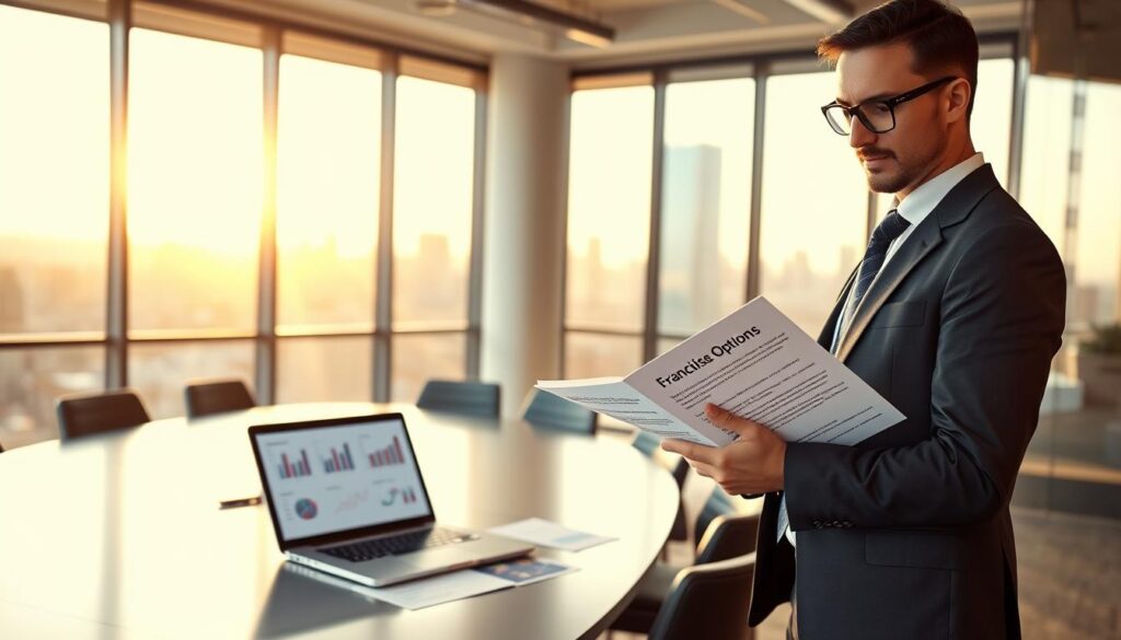 A professional business consultant standing confidently in a modern office setting, surrounded by charts and franchise brochures. The foreground features a focused individual, dressed in smart business attire, studying a detailed brochure titled "Franchise Options" with a thoughtful expression. In the middle, a sleek conference table holds a laptop displaying franchise statistics and graphs. The background showcases large windows with a city skyline view, bathed in warm afternoon sunlight, creating an inviting and optimistic atmosphere. The image should evoke a sense of professionalism and opportunity, with soft, balanced lighting that highlights the subject and the materials around them. Shot from a slightly elevated angle to capture both the subject and the context effectively.