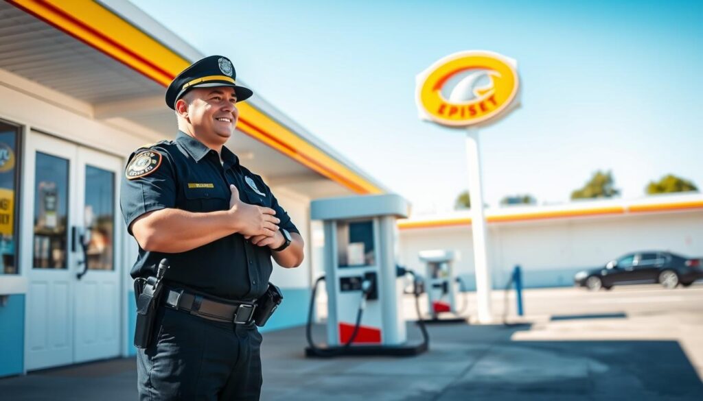 A professional police officer in uniform, confidently standing next to a freshly opened gas station, conveying a sense of resolution and authority. The officer is interacting with a customer, showing a gesture of approval as they both smile, symbolizing the end of a conflict. The gas station is freshly painted and inviting, with bright signage and well-maintained pumps, set in a sunny outdoor setting. In the background, a clear blue sky enhances the optimistic atmosphere. The composition uses natural lighting, creating soft shadows for depth. The scene captures a harmonious and positive mood, reflecting a successful resolution of issues, with elements emphasizing trust and community safety in a public space.