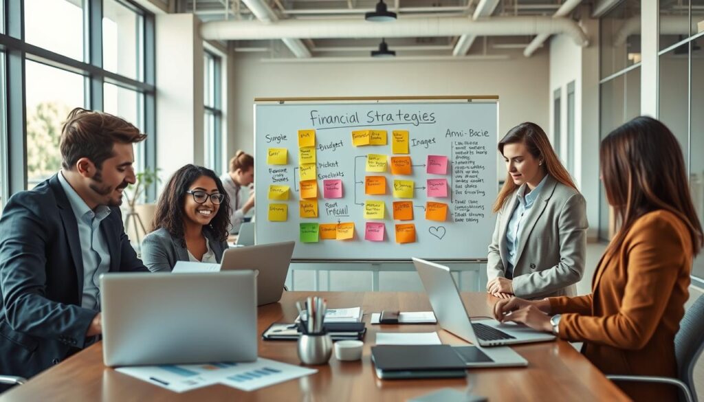 A professional setting depicting basic financial strategies for achieving secure finances. In the foreground, a diverse group of four young professionals—two men and two women—dressed in smart business attire, are gathered around a table with open laptops, discussing financial charts and graphs. The middle ground features a large whiteboard with colorful post-it notes outlining key financial strategies like budgeting, saving, and investing. In the background, a bright office space with large windows allowing natural light to flood in, creating an inviting atmosphere. The mood is collaborative and focused, emphasizing teamwork and planning for financial security. Use a warm color palette to enhance the positive energy of the scene, captured with a soft-focus effect to create a dynamic yet professional ambiance.