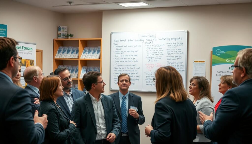 A public forum scene focusing on citizens discussing the recent solar subsidy case, set in a well-lit community center. In the foreground, a group of diverse individuals, dressed in professional business attire, are engaged in animated conversation, with expressions of curiosity and concern. The middle layer presents a large whiteboard filled with notes and questions about the subsidy issue, reflecting the public's lingering inquiries. In the background, shelves with informational pamphlets, banners promoting community engagement, and soft lighting create a warm, inviting atmosphere. The angle is slightly elevated, capturing both the participants' reactions and the discussion 자료. The mood is thoughtful yet urgent, illustrating the pressing nature of public questions regarding the case.