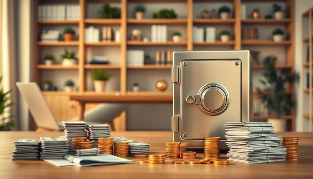 A secure money storage concept, featuring a strong, elegant safe prominently in the foreground, made of polished steel and adorned with a sophisticated combination lock. Surrounding the safe, display stacks of neatly organized currency and gold coins to emphasize the idea of wealth management. In the middle ground, incorporate a wooden desk with a laptop and financial documents, creating a workspace ambiance. The background should feature a softly lit room with shelves showcasing financial books and decorative plants, creating a calming, professional atmosphere. Use warm lighting to enhance the inviting feel, focusing on a slightly elevated angle to give depth. The overall mood should convey trust, security, and professionalism.