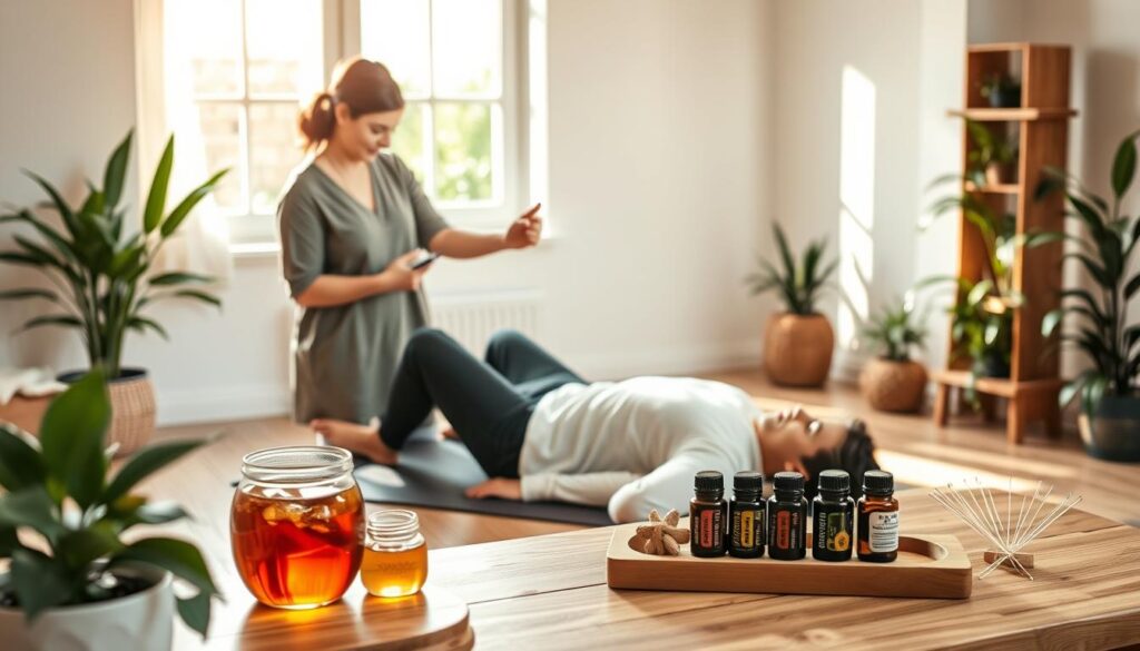 A serene and inviting therapy room that focuses on complementary treatments for back pain. In the foreground, a professional therapist in modest casual wear is demonstrating a gentle stretching exercise with a patient lying on a yoga mat. The middle ground features various natural remedies, such as herbal tea, essential oils, and acupuncture needles arranged on a wooden table. The background includes calming elements like a softly lit window, potted plants, and a soothing color palette of greens and creams, which promotes relaxation. Natural sunlight filters through the window, creating warm highlights that enhance the peaceful atmosphere. The overall mood is healing and supportive, emphasizing a holistic approach to back pain therapy.