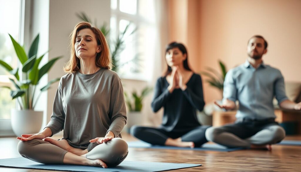 A serene indoor setting featuring a diverse group of three individuals engaged in breathing relaxation techniques. In the foreground, a middle-aged woman in modest casual clothing sits cross-legged on a yoga mat, her hands resting gently on her knees, eyes closed, radiating calmness. Beside her, a young man in business attire practices deep breathing, his posture reflecting concentration. In the background, a soft-focus window lets in natural light, illuminating potted plants that enhance the tranquil atmosphere. The walls are painted in soothing pastel shades, contributing to the peaceful ambiance. Capture a warm, inviting mood, highlighting the participants' focus and relaxation. Use soft lighting with a slight bokeh effect to emphasize the subjects and create a sense of serenity.