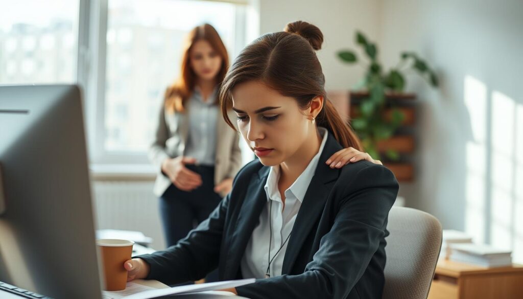 A serene office setting illustrating the symptoms of stress, featuring a person wearing professional business attire. In the foreground, the individual, a young woman, is sitting at a cluttered desk with furrowed brows, looking overwhelmed as she stares at a computer screen. Papers and a coffee cup are scattered around, reflecting chaos. In the middle ground, a blurred co-worker in a modest casual outfit offers support, gently placing a hand on her shoulder. The background shows a window with soft natural light streaming in, enhancing the mood of both pressure and the possibility of relief. Overall, the atmosphere feels tense yet hopeful, capturing the essence of recognizing stress symptoms.