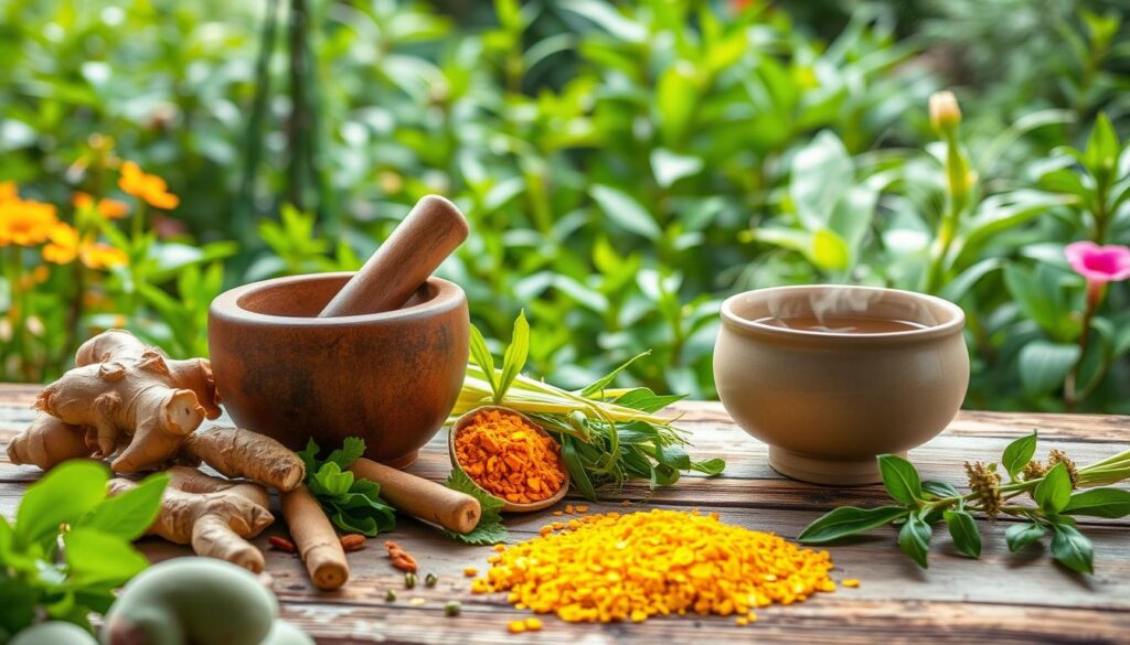 A serene, tranquil setting focused on traditional herbal remedies for back pain. In the foreground, a rustic wooden table adorned with various fresh herbs such as ginger, turmeric, and lemongrass, artfully arranged with a mortar and pestle. Beside it, a ceramic bowl filled with herbal tea steaming gently. In the middle, a lush green garden filled with vibrant plants, creating a natural backdrop. Soft, diffused lighting filters through the foliage, adding warmth and inviting coziness. The scene captures a peaceful atmosphere, evoking the essence of natural healing. The image should be shot from a slightly elevated angle to showcase depth and detail in both the herbs and surroundings, with a focus on organic textures and calming colors.