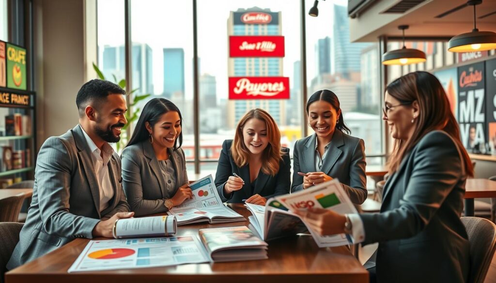 A vibrant and engaging image depicting the concept of "franchise benefits," suitable for an article section about starting a franchise business. In the foreground, show a diverse group of four individuals in professional business attire, discussing enthusiastically over a table filled with franchise brochures and charts. In the middle ground, depict an inviting café setting with franchise signage that showcases popular brands, emphasizing various franchise opportunities. The background features a bright, modern cityscape with skyscrapers, symbolizing growth and opportunity. Soft, warm lighting highlights the camaraderie and optimism of the group. Choose a slightly elevated angle for a more dynamic perspective, capturing the excitement of embarking on a franchise venture. The atmosphere should radiate positivity, professionalism, and collaboration.