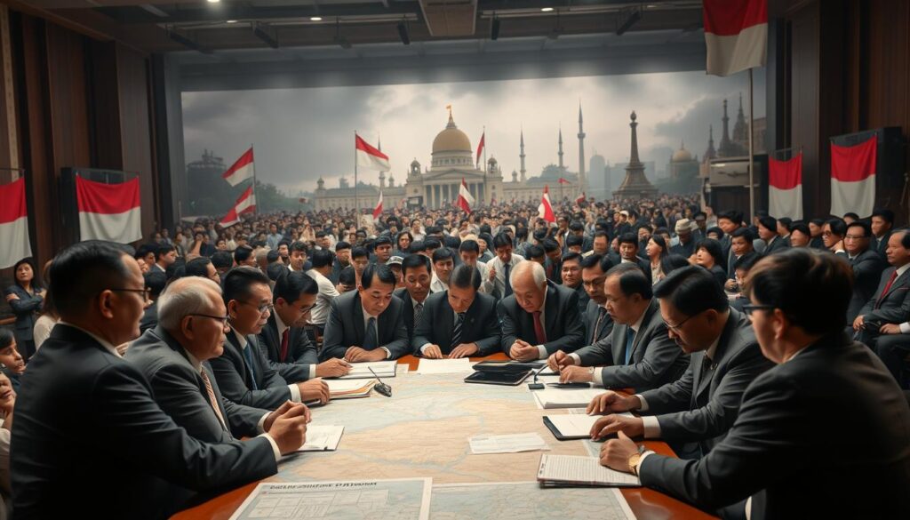A vibrant political scene capturing the dynamics and conflicts of Indonesia’s "Guided Democracy" era. In the foreground, a diverse group of politicians in professional business attire engages in a heated discussion around a large table filled with maps and documents. The middle section features a tumultuous backdrop with contrasting elements like protests and rallies, showcasing the public’s reaction. The background includes iconic Indonesian landmarks, symbolizing the country's political history. Soft, dramatic lighting highlights the intensity of the conversation, while a slightly blurred focus creates a sense of urgency. A wide-angle perspective immerses the viewer, conveying the complexity and intensity of political power dynamics. The overall mood should evoke a mixture of tension and determination, reflective of a pivotal moment in Indonesia's political landscape. A vibrant political scene capturing the dynamics and conflicts of Indonesia’s "Guided Democracy" era. In the foreground, a diverse group of politicians in professional business attire engages in a heated discussion around a large table filled with maps and documents. The middle section features a tumultuous backdrop with contrasting elements like protests and rallies, showcasing the public’s reaction. The background includes iconic Indonesian landmarks, symbolizing the country's political history. Soft, dramatic lighting highlights the intensity of the conversation, while a slightly blurred focus creates a sense of urgency. A wide-angle perspective immerses the viewer, conveying the complexity and intensity of political power dynamics. The overall mood should evoke a mixture of tension and determination, reflective of a pivotal moment in Indonesia's political landscape.