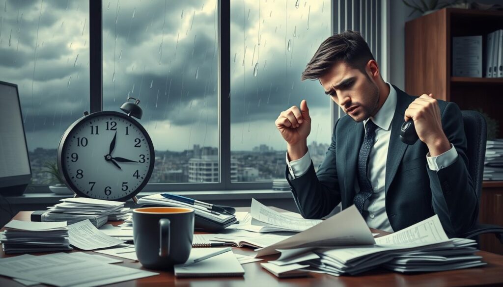 A visually engaging scene depicting common stress triggers in a modern office environment. In the foreground, show a stressed professional in business attire, sitting at a cluttered desk with scattered papers and a ringing phone, their expression reflecting anxiety. In the middle ground, portray a clock with fast-moving hands, symbolizing time pressure, and a coffee cup spilling, adding to the chaotic atmosphere. In the background, include a window with dark clouds and raindrops, suggesting an impending storm that reflects internal conflict. Use soft, diffused lighting to create a feeling of weight and pressure, while maintaining an overall muted color palette to evoke a sense of stress and overwhelm. The angle should be slightly above eye level, providing a comprehensive view of the stress factors.