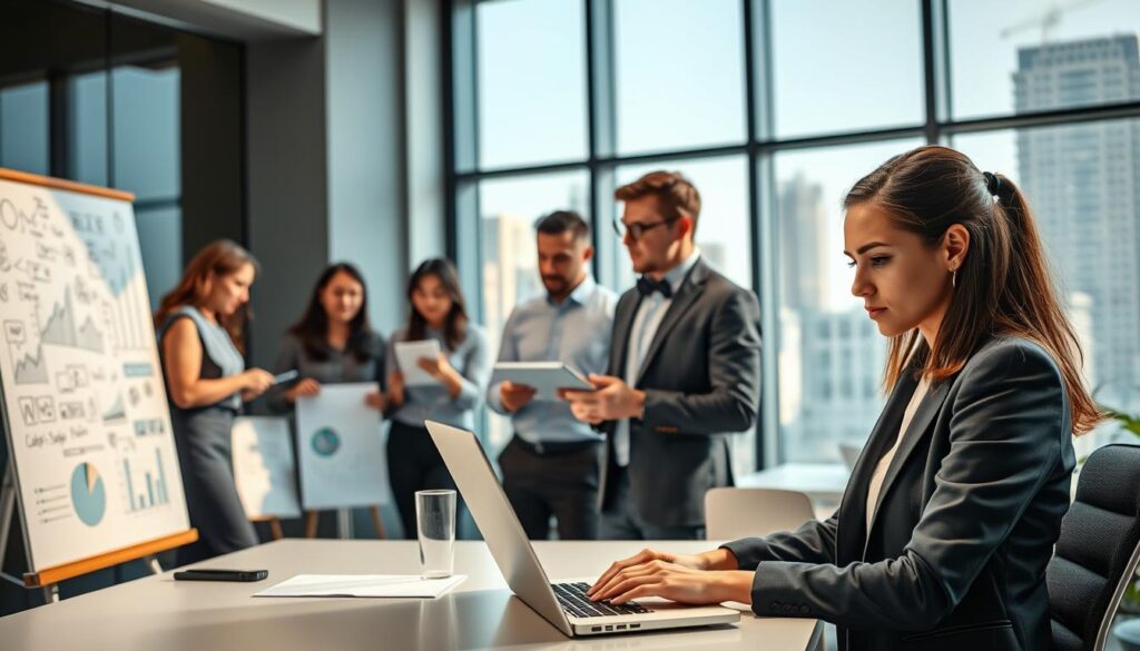 A modern office environment bustling with professionals engaged in digital activities. In the foreground, a young woman dressed in professional business attire is working intently on a laptop, her expression focused and determined. To her left, a diverse group of colleagues collaborates around a digital whiteboard filled with innovative ideas and diagrams. In the middle ground, a man in smart casual clothing holds a tablet, analyzing data while looking towards a large screen displaying graphs and digital trends. The background reveals a city skyline through large windows, with soft natural light streaming in, creating an inspiring atmosphere. The overall mood is one of ambition and readiness, reflecting both the challenges and preparations for thriving in digital careers.